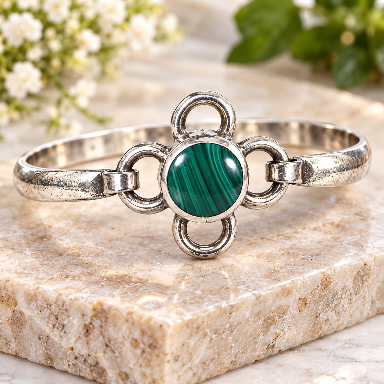 Vintage Taxco Mexico 925 Sterling Silver Natural Malachite Bangle TL-27