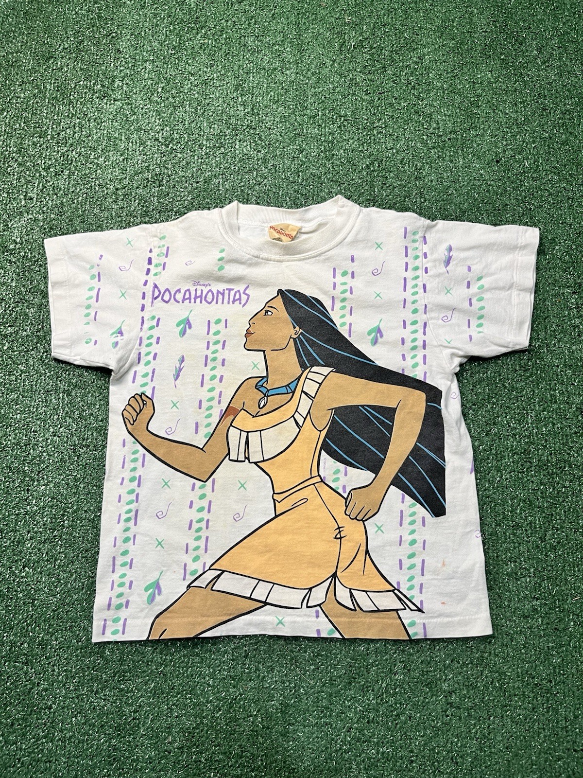 Rare 1996 Disney Pocahontas Aop Single Stich Tshirt Size Kids 10/12 Made In USA