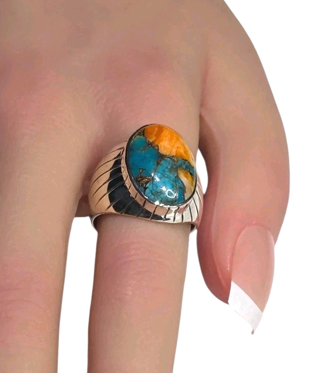 Boho 925 Sterling Silver Orange Spiny Oyster Blue Turquoise Ring   NWOT 8\
