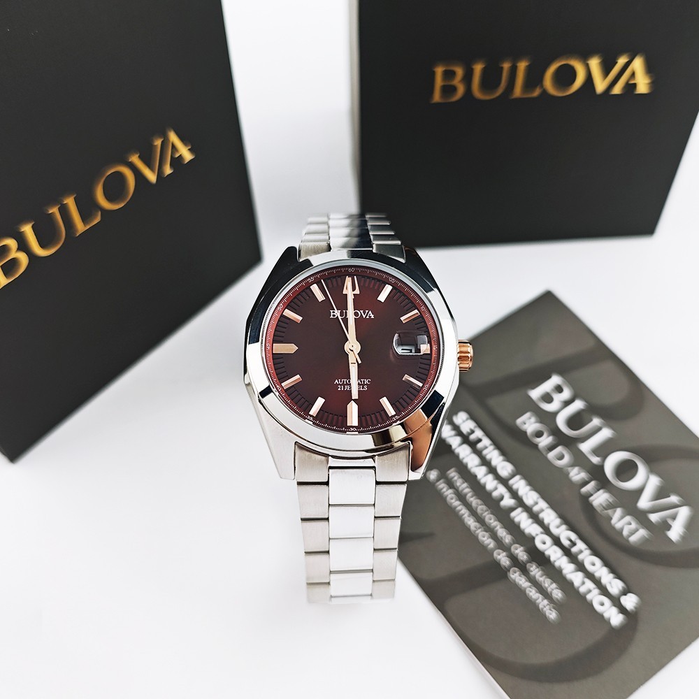 Bulova 98B422 Surveyor Red Dial Men\'s Automatic Stainless Steel Watch 39mm