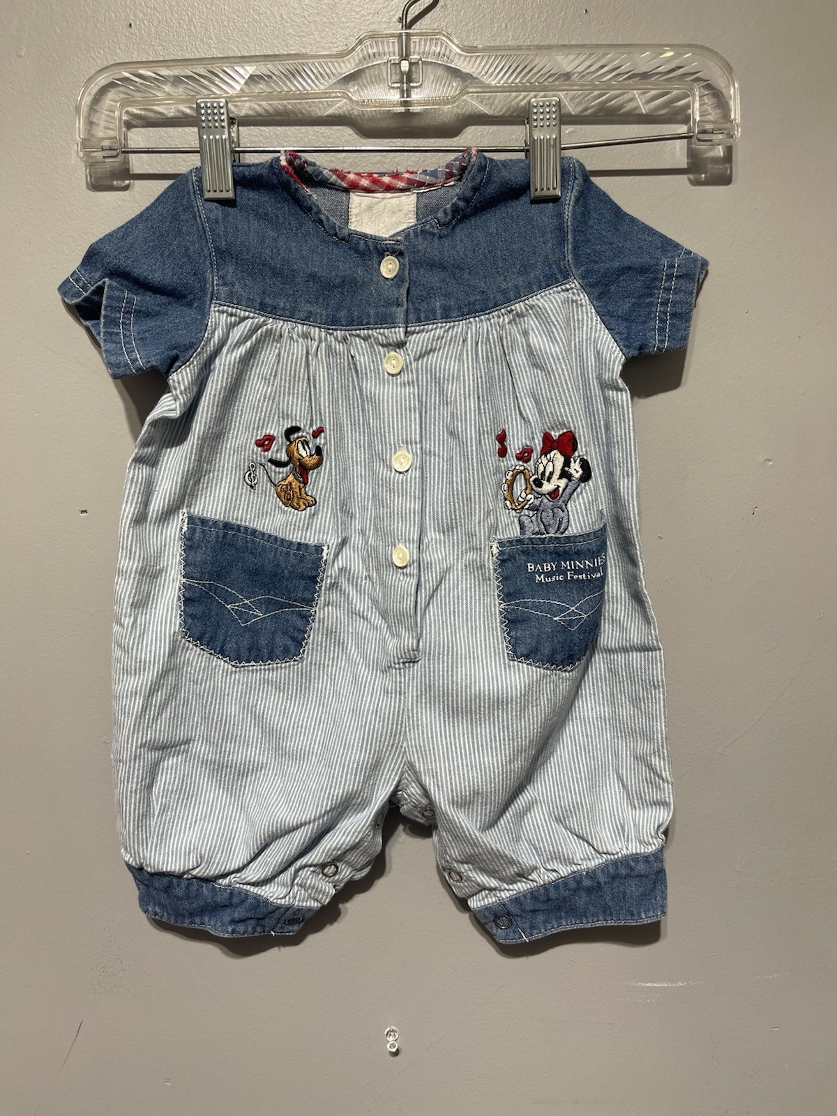 Minnie Mouse Pluto Denim Bubble Romper 6-9mo Baby Girl Disney Embroidered
