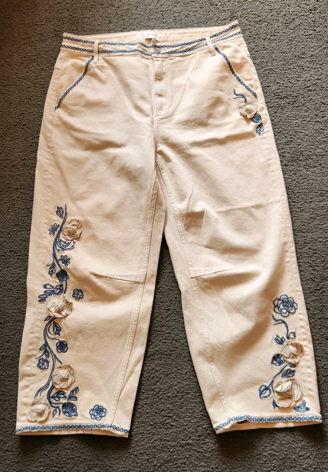DRIFTWOOD Women\'s Barbara Jeans 32 Wide Leg High Rise Floral Embroidered Nordic