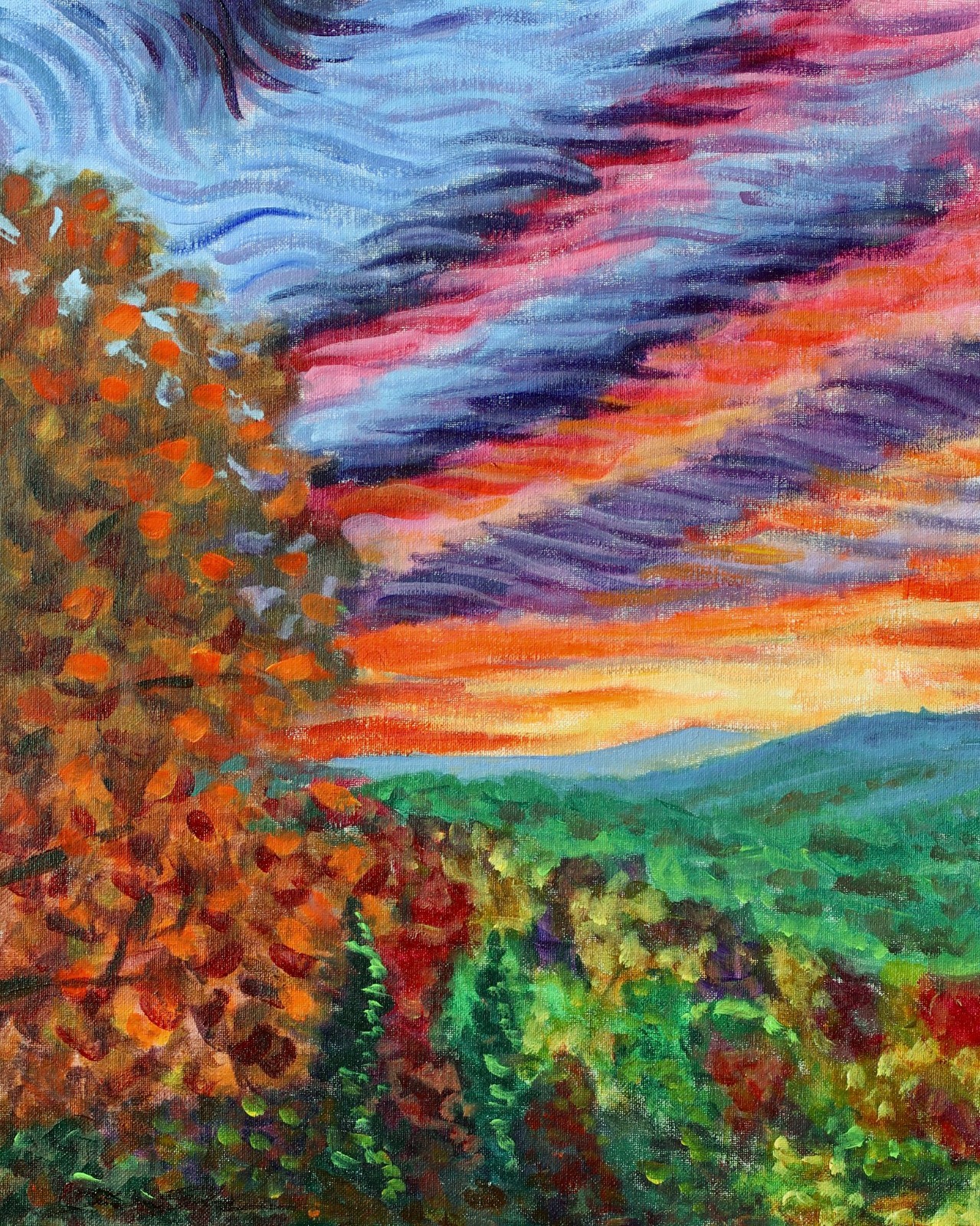 Original painting pond autumn sunset  art by ShawNshawN