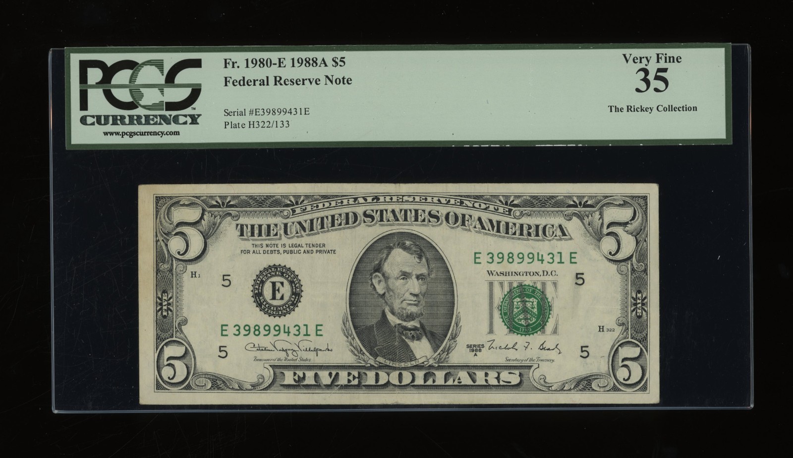 DBR 1988-A $5 Richmond Fr. 1980-E PCGS 35 Serial E39899431E