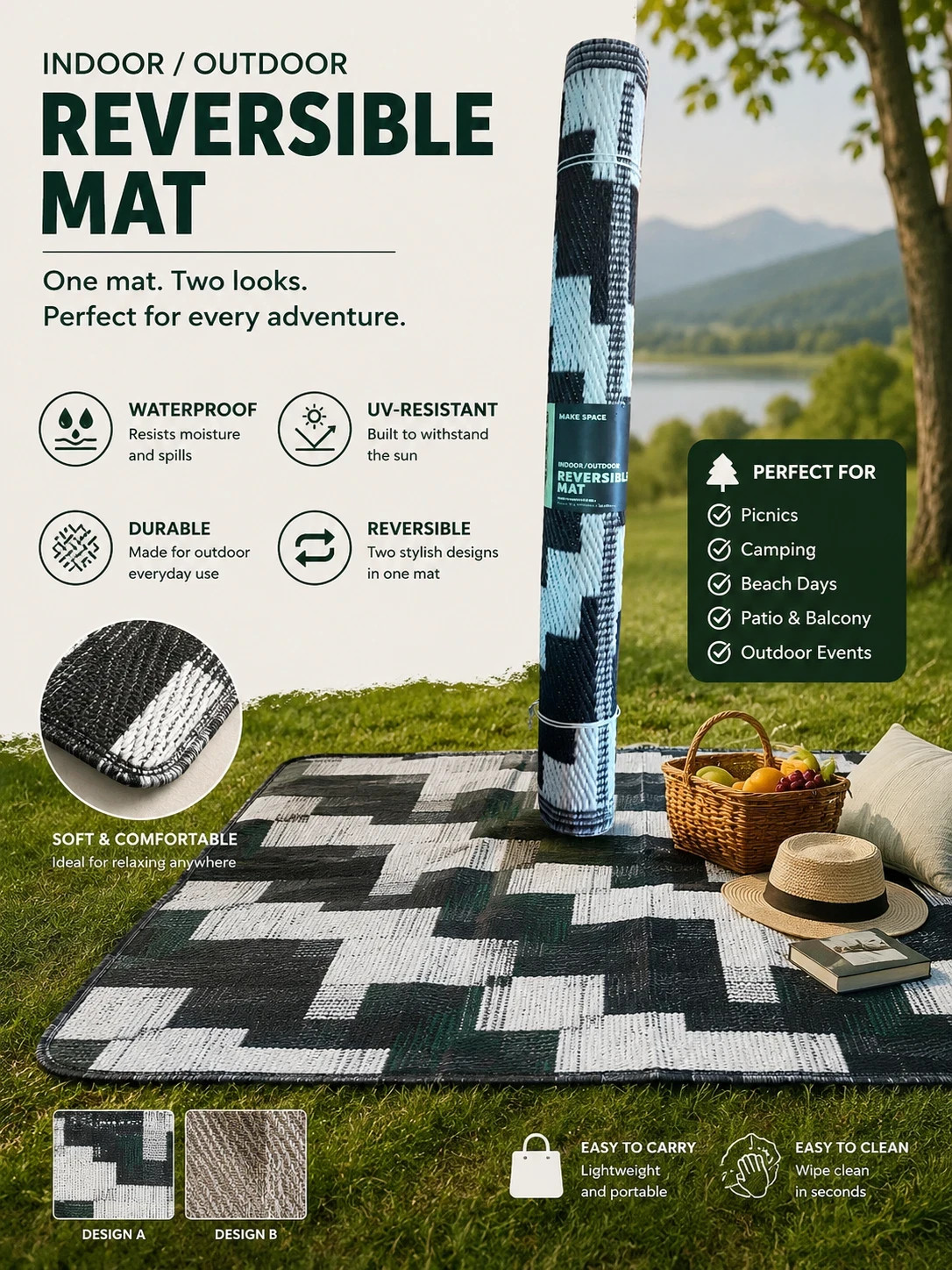 Reversible Outdoor Floor Mat 36” X 72”, Black & White (NEW, SHIPS FREE)