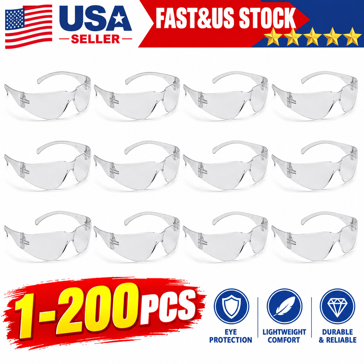 1-200 PAIR PACK Protective Safety Glasses Clear Lens Work UV ANSI Z87 Lot