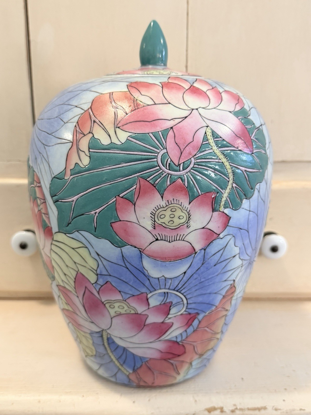 Vintage Ginger Jar With Lid Lotus Flower Design No Chips Or Cracks