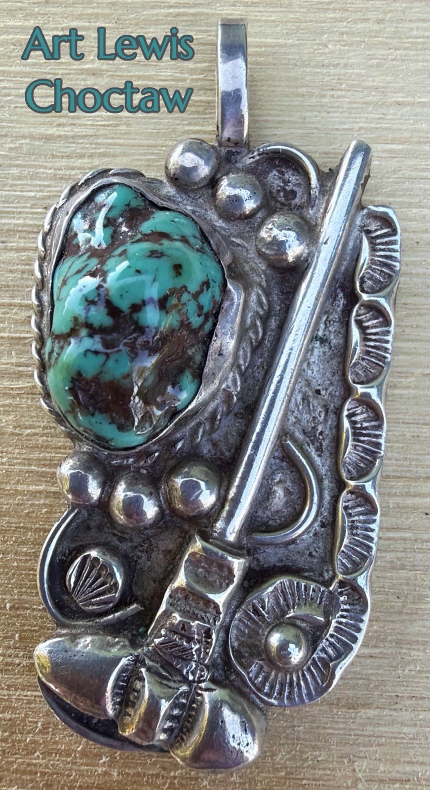 Vintage ART LEWIS Choctaw Coin Silver Turquoise TOMAHAWK Motif Necklace Pendant
