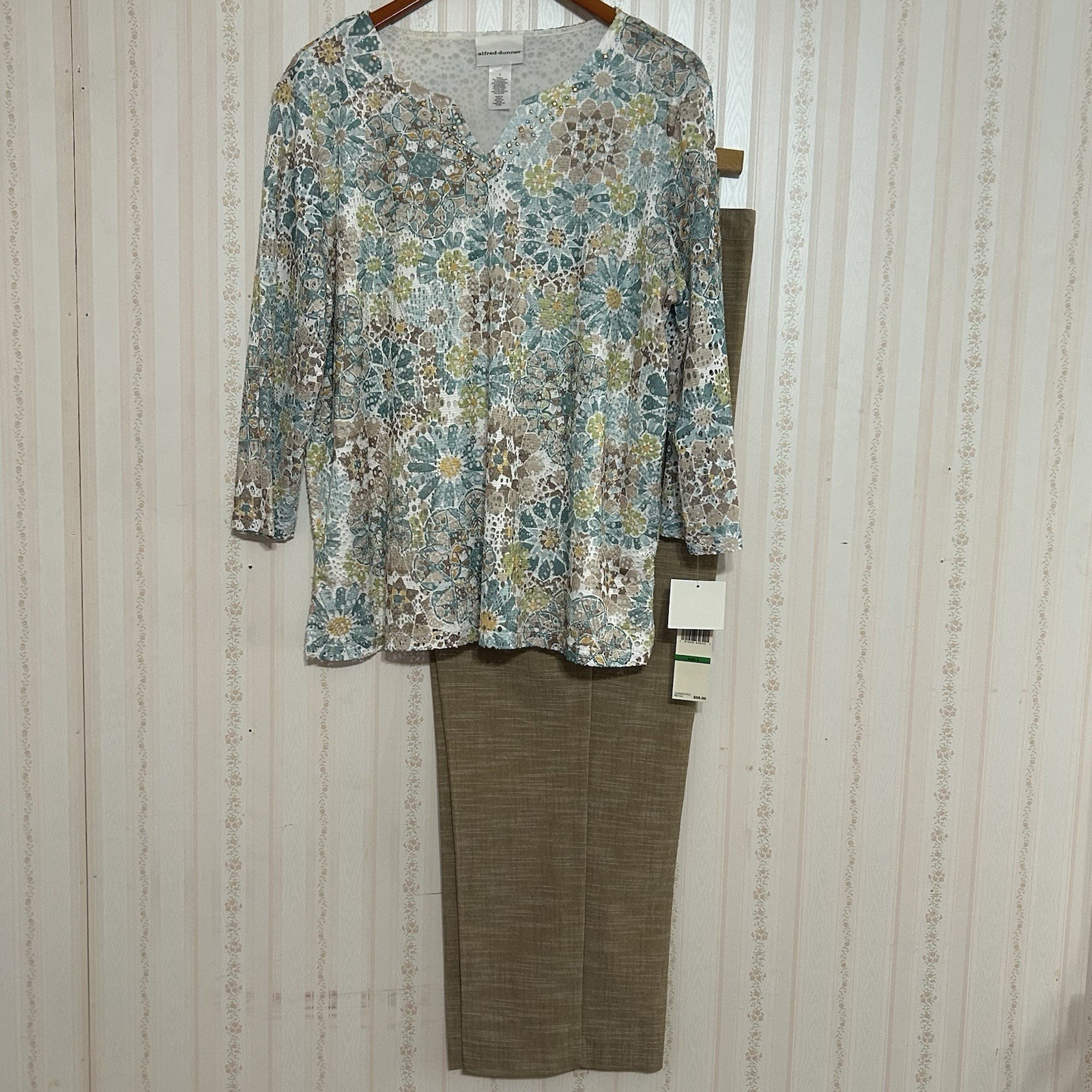 NWT Alfred Dunner Pants 16 Top Large Grandmacore Beige Floral NEW