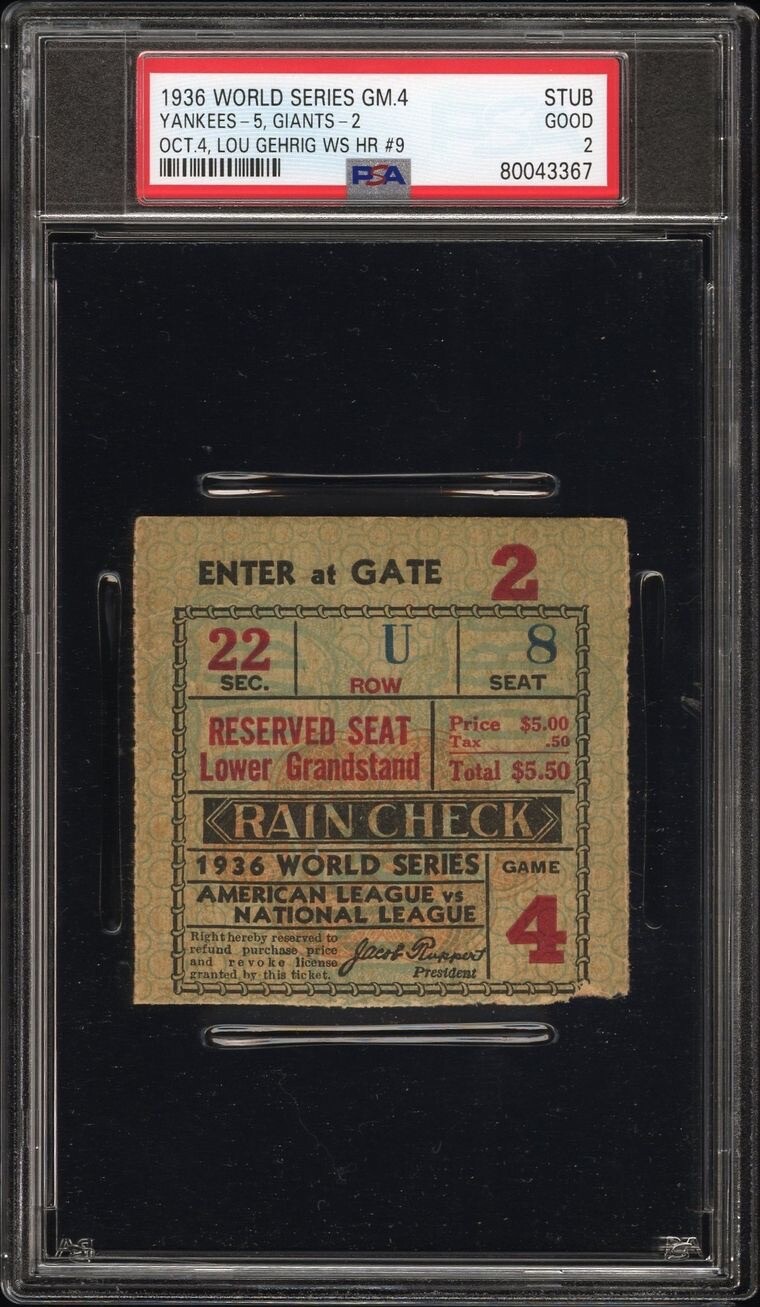 1936 WORLD SERIES GAME 4 TICKET🎟️LOU GEHRIG WS HR #9 JOE DIMAGGIO ROOKIE🔥PSA 2