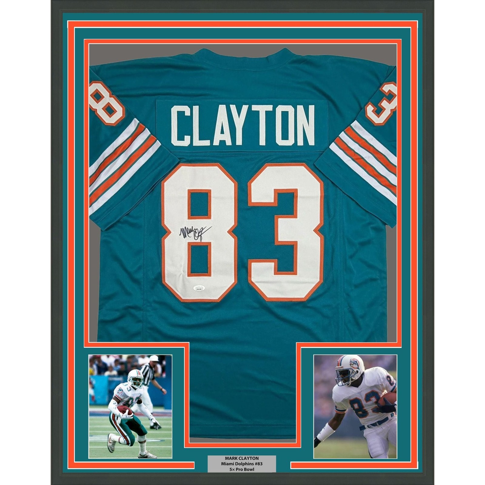 Framed Autographed/Signed Mark Clayton 35x39 Miami Teal Jersey JSA COA Framed Autographed/Signed Mark Clayton 35x39 Miami Teal Jersey JSA COA