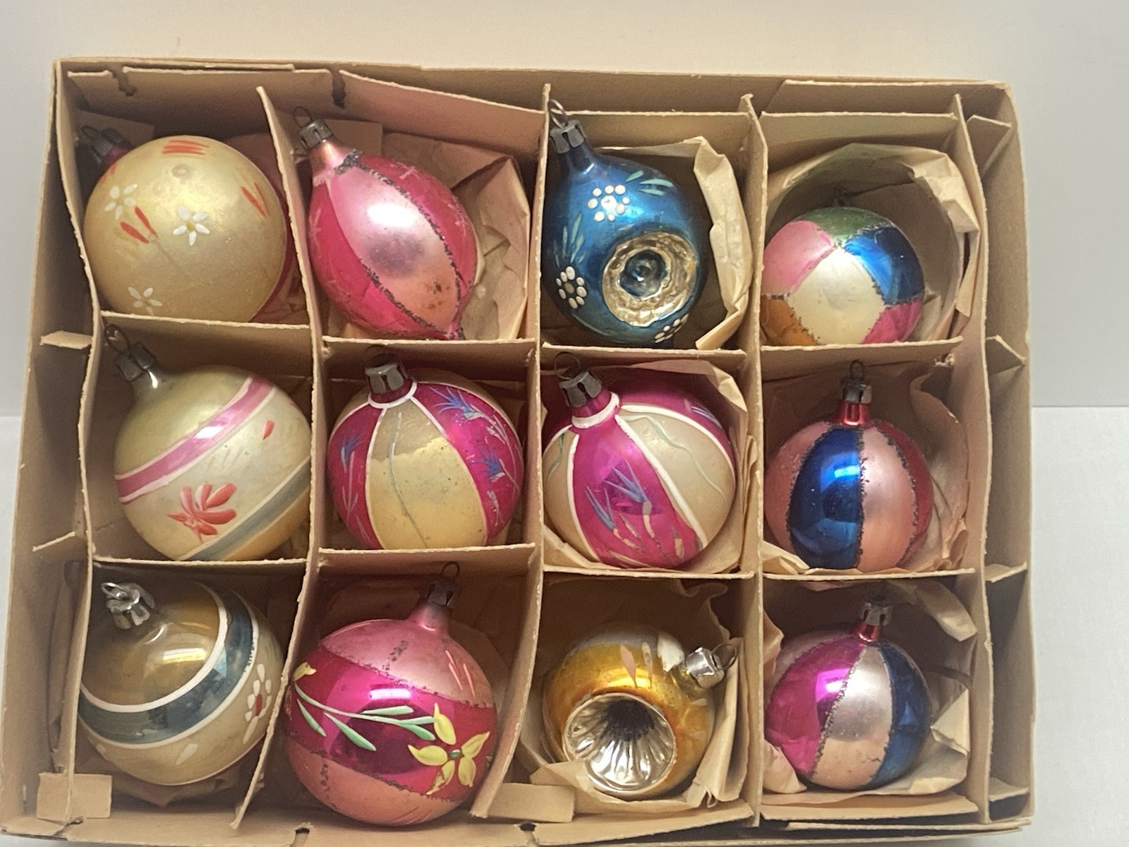 12 Vintage Poland Indent & Stencil Hand Painted Christmas Tree Ornaments in Box