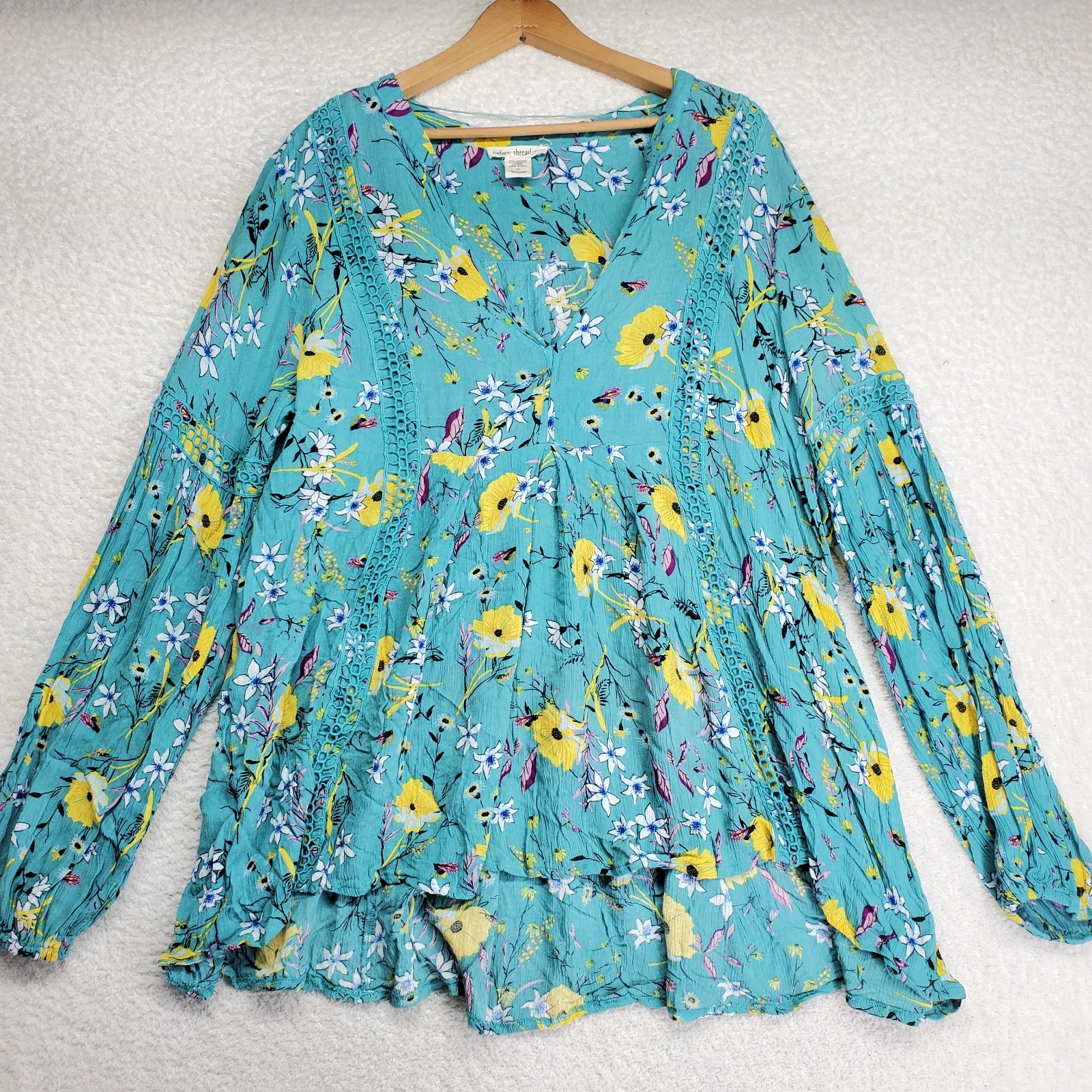 Indigo Thread Co Women\'s Gauzy Boho Top XL Blue Flared Crochet Gathered V-Neck
