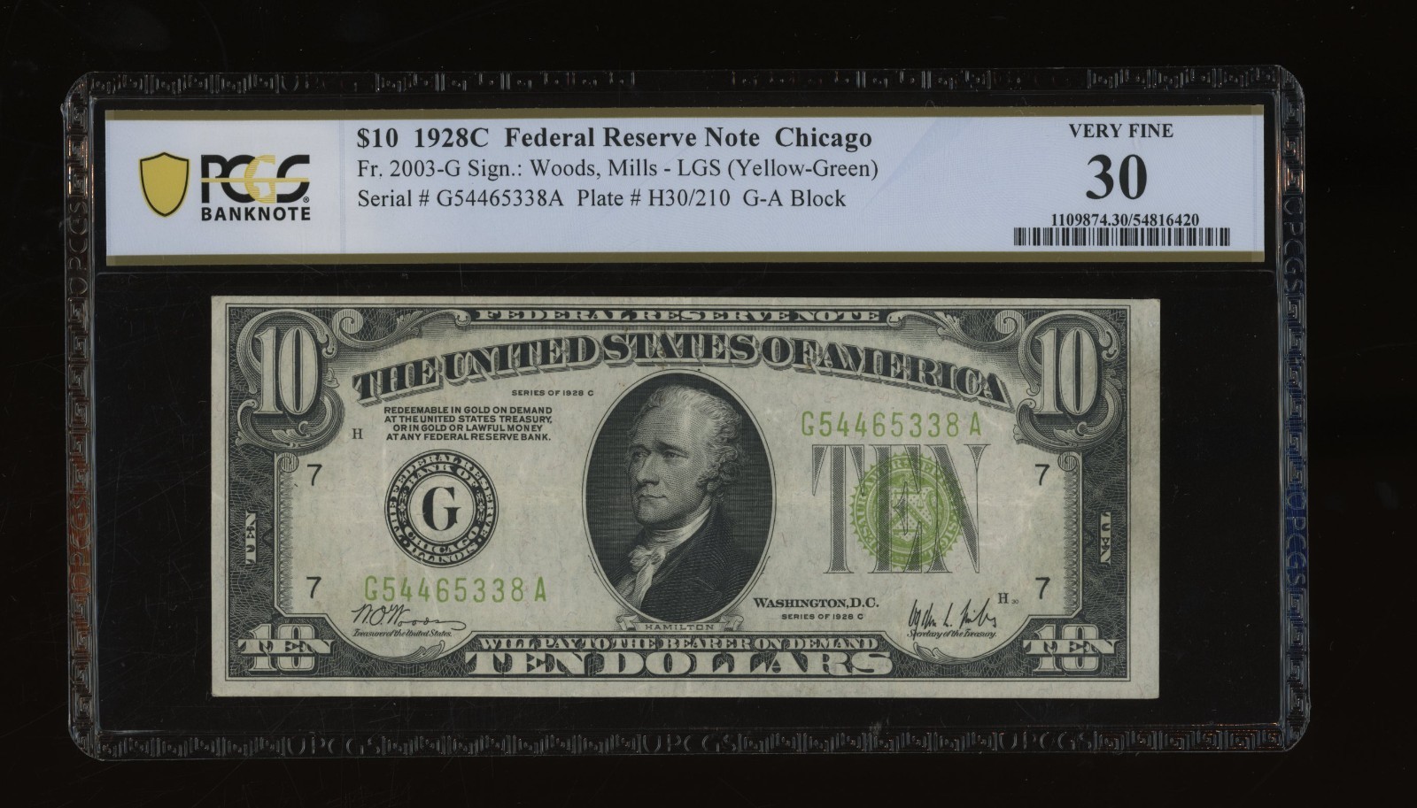 DBR scarce 1928-C $10 LGS FRN Chicago Fr. 2003-Glgs PCGS-B 30 Serial G54465338A