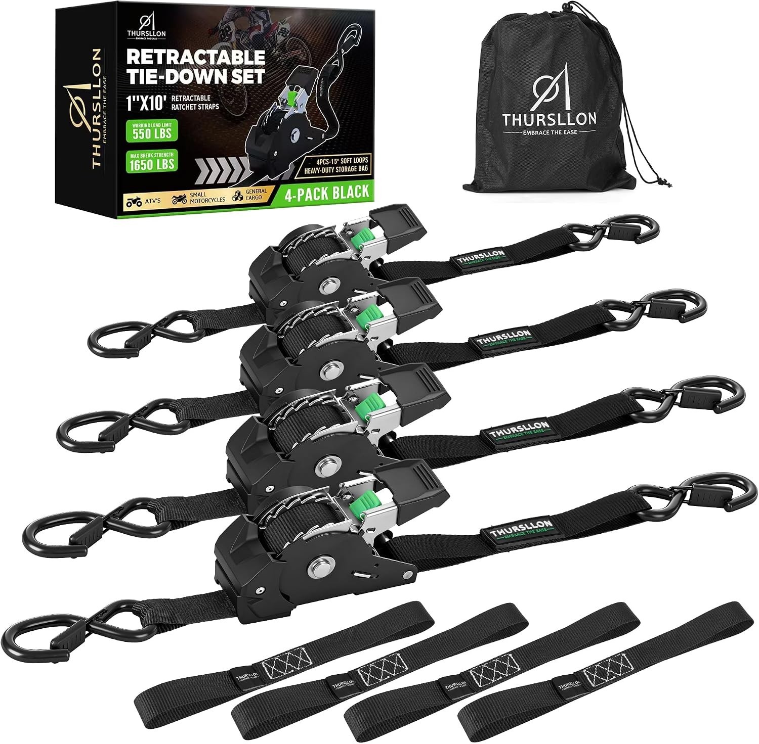 Rhino USA Retractable Ratchet Straps (4-Pack) - 1 Inch x 10 Feet (1,650lb Break