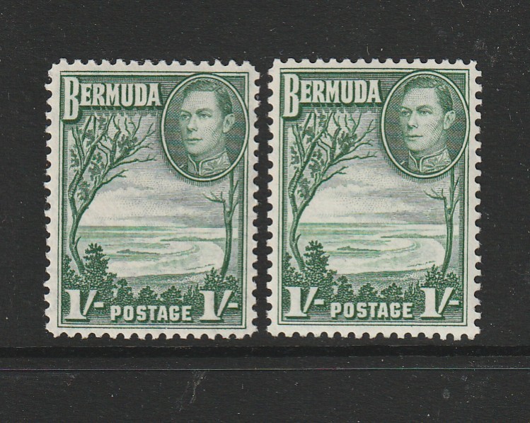 Bermuda  1938/52 GV1 defs, 1/- both listed shades, UM/MNH SG 115 & 115a