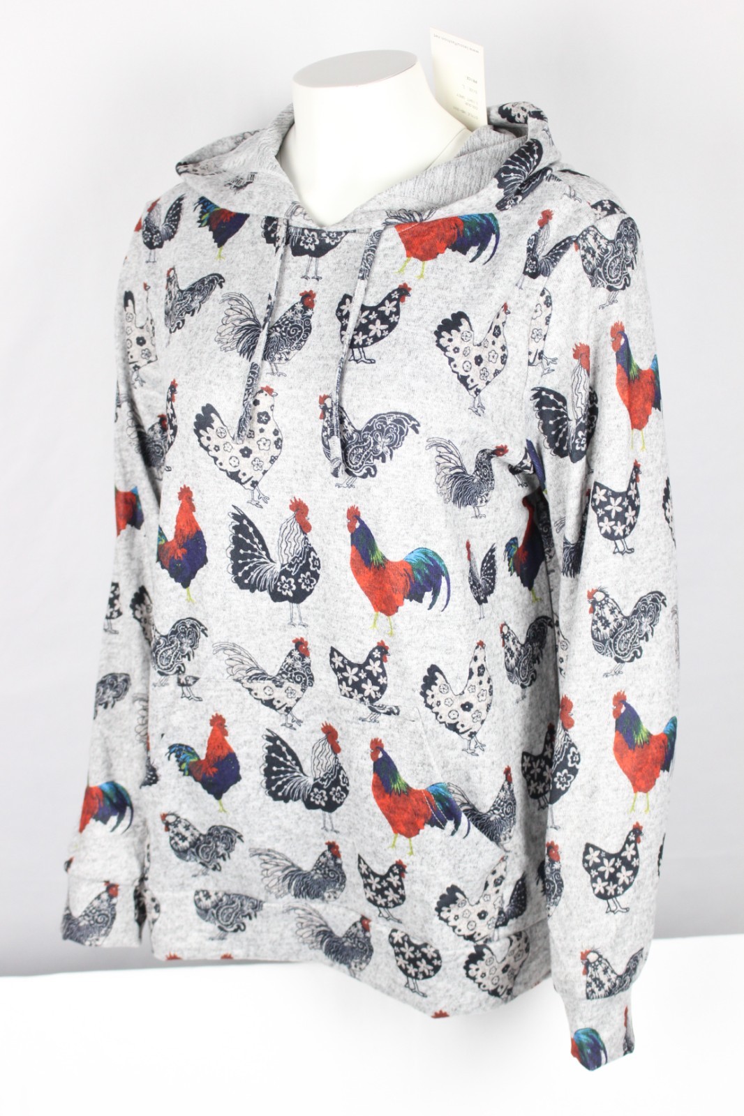 L. A. Soul Women's Rooster Chicken Print Hoodie Pullover Light Gray HD-331