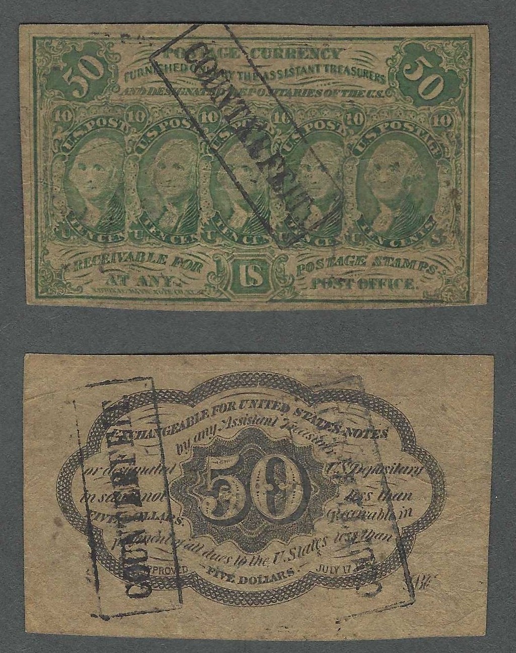Contemporary COUNTERFEIT 1st Issue 50c 1862-63 Fractional Currency Contemporary COUNTERFEIT 1st Issue 50c 1862-63 Fractional Currency
