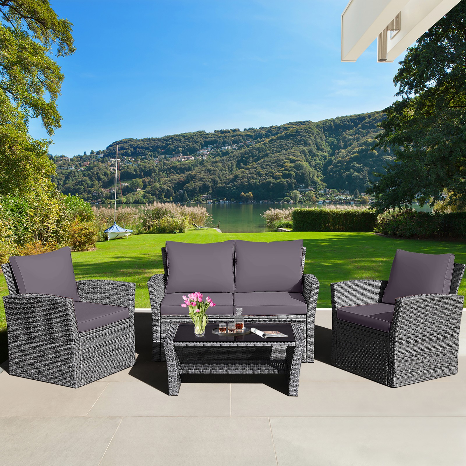 4PCS Patio Rattan Conversation Set Outdoor Furniture Set w/ Grey Cushions 4PCS Patio Rattan Conversation Set Outdoor Furniture Set w/ Grey Cushions