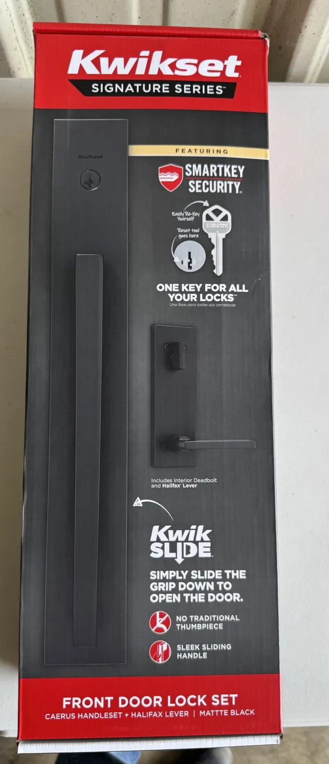 Kwikset Caerus Handleset + Halifax Lever Front Door Lock Set (Matte Black) Kwikset Caerus Handleset + Halifax Lever Front Door Lock Set (Matte Black)