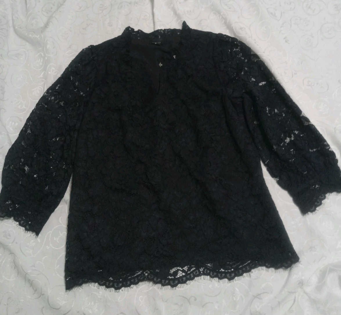 NEW Talbots Black Lined Floral Lace Ruffle Neck Rhinestone Button Blouse SMALL NEW Talbots Black Lined Floral Lace Ruffle Neck Rhinestone Button Blouse SMALL