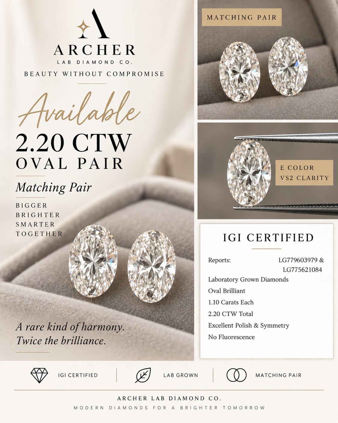 2.20 CTW Oval Lab Grown Diamond Pair E VS2 IGI Certified Loose