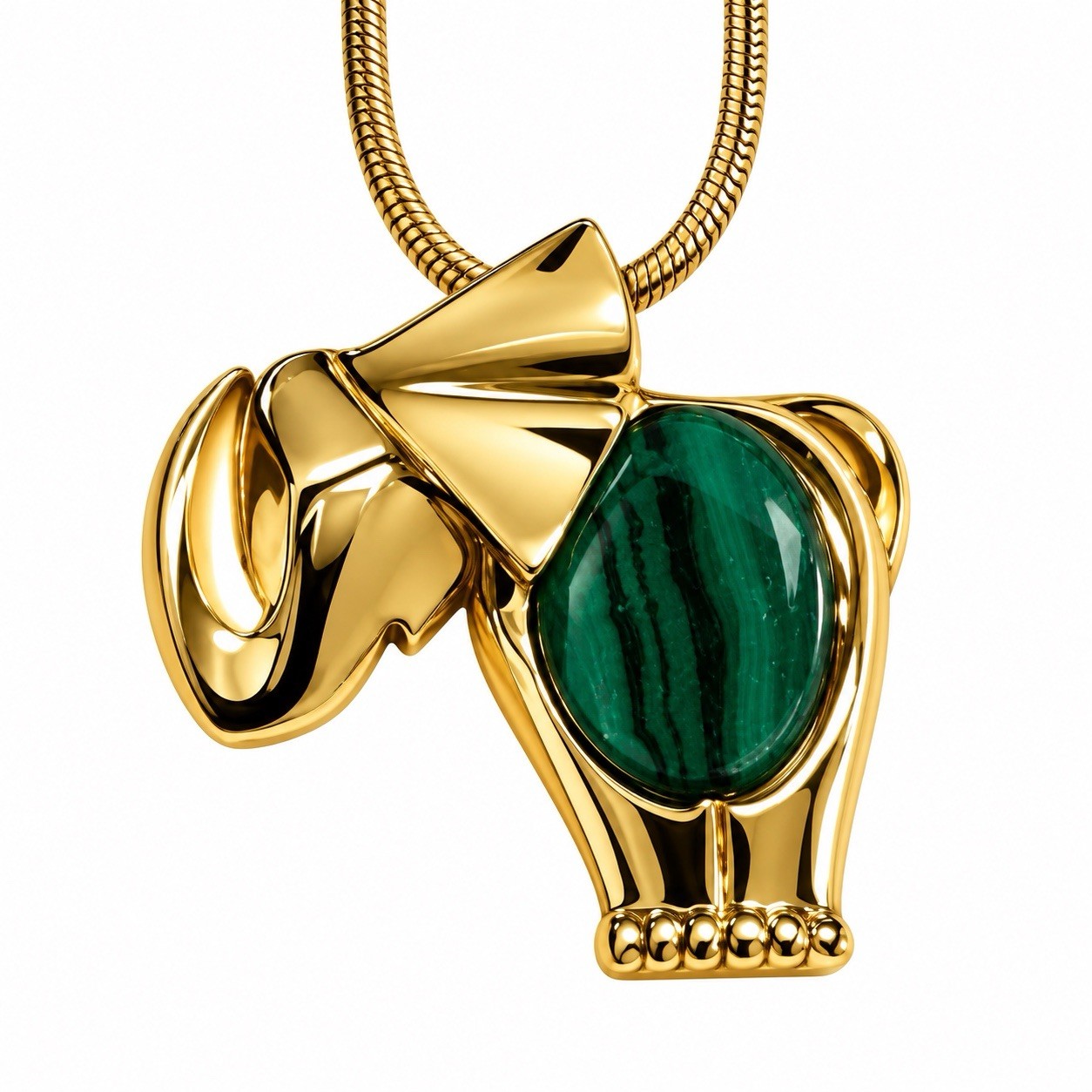 Vintage Gold Tone Elephant Pendant Necklace Green Cabochon Snake Chain