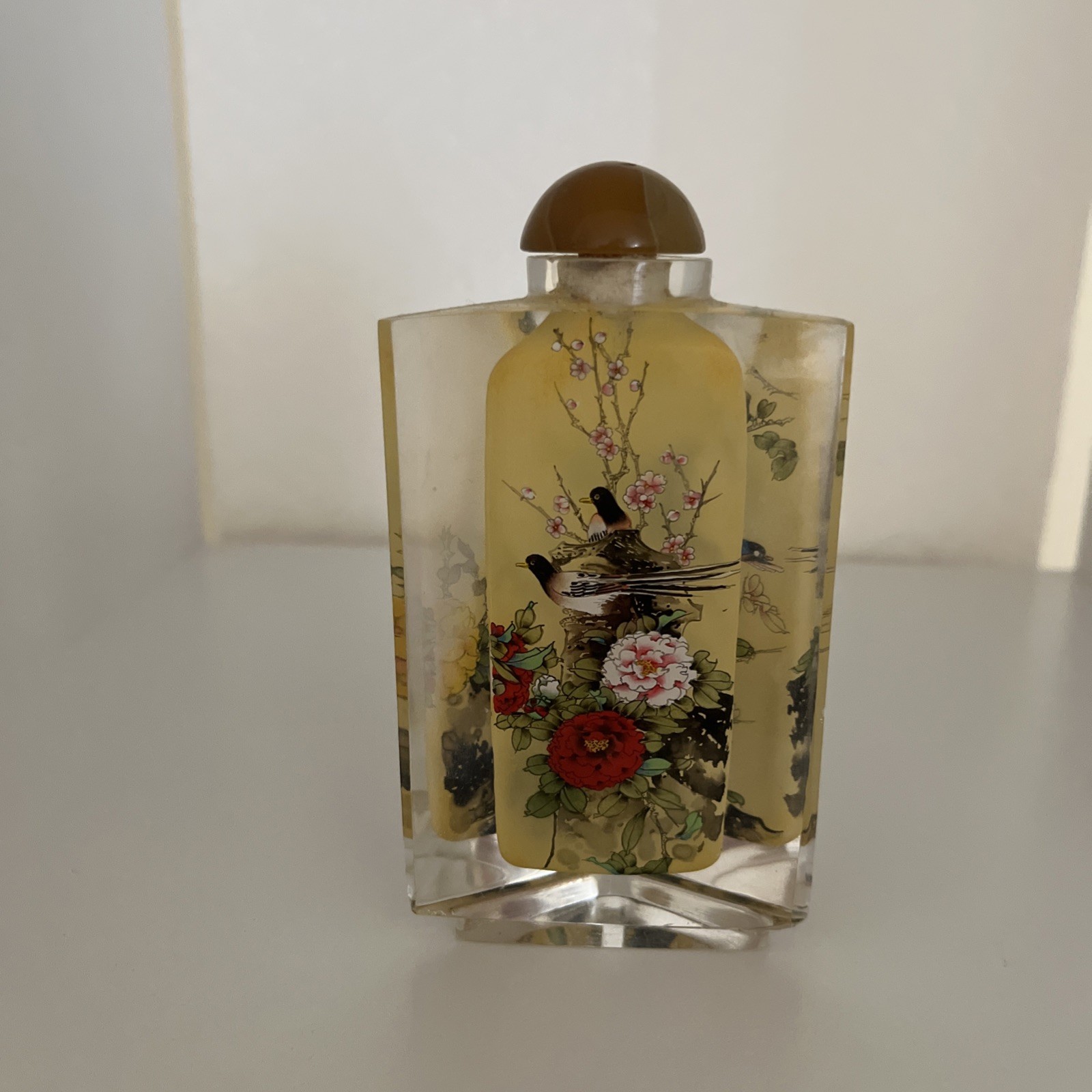Vtg Chinese Reverse Hand Painted Crystal Snuff Bottle Tall birds and flowers 