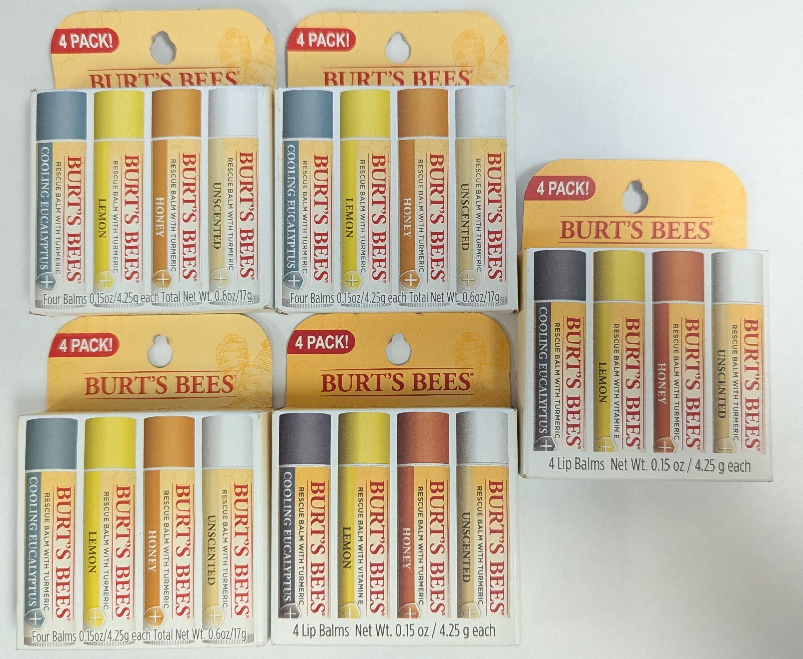 LOT OF 5 - 4 PACKS OF BURTS BEES RESCUE BALM SETS = 20 RESCUE BALMS TOTAL