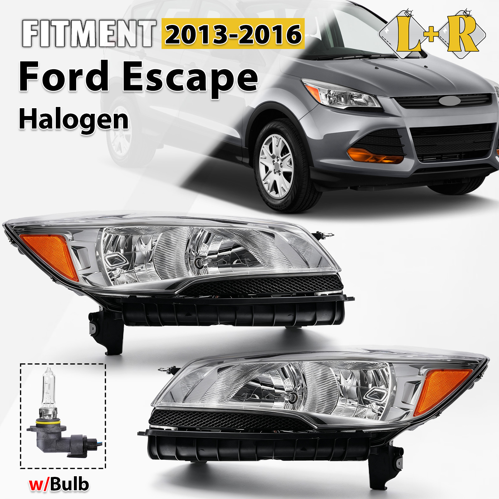 For 2013-2016 Ford Escape Halogen Headlight Chrome with Bulb Left+Right Pair