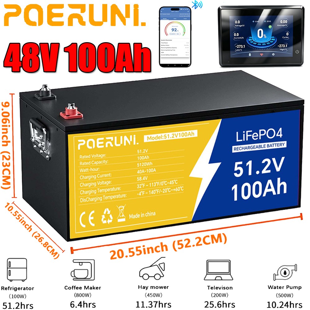 NEW 100Ah 48V LiFePO4 Lithium Battery Built-in BMS + LCD Monitor For Golf Cart