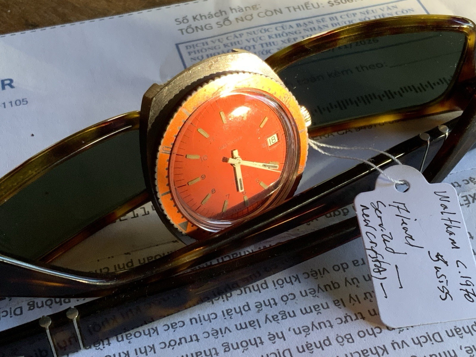RARE 1970’S SWISS Waltham ORANGE DIVER Wristwatch-B415-Y-refurb. Crystal.RUNS RARE 1970’S SWISS Waltham ORANGE DIVER Wristwatch-B415-Y-refurb. Crystal.RUNS