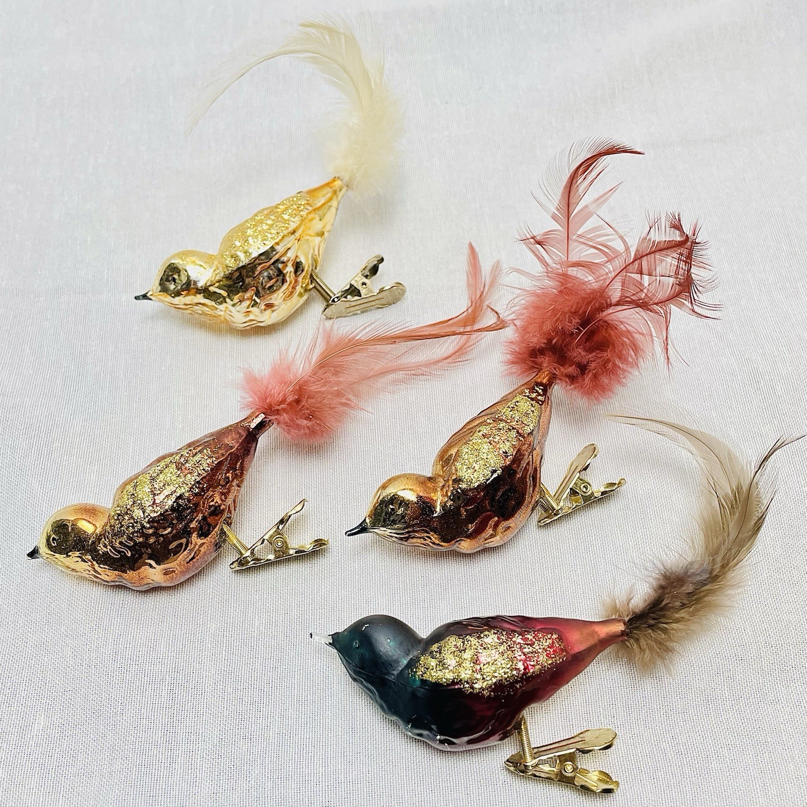 Vintage Mercury Glass Gold Glittered Feathered Birds Christmas Clip-On Ornaments