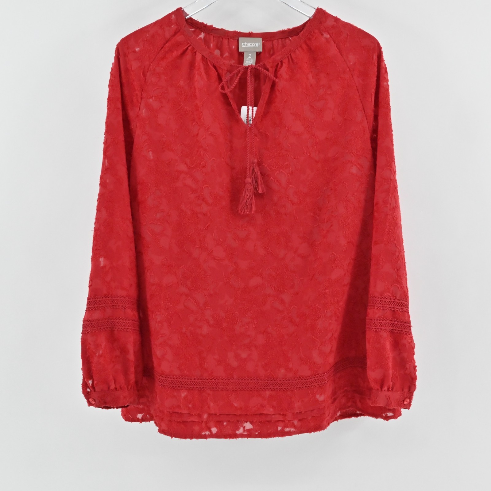 Chico\'s Clipped Jacquard Tie Front Top Womens Size L 2 Red Peasant Boho Blouse