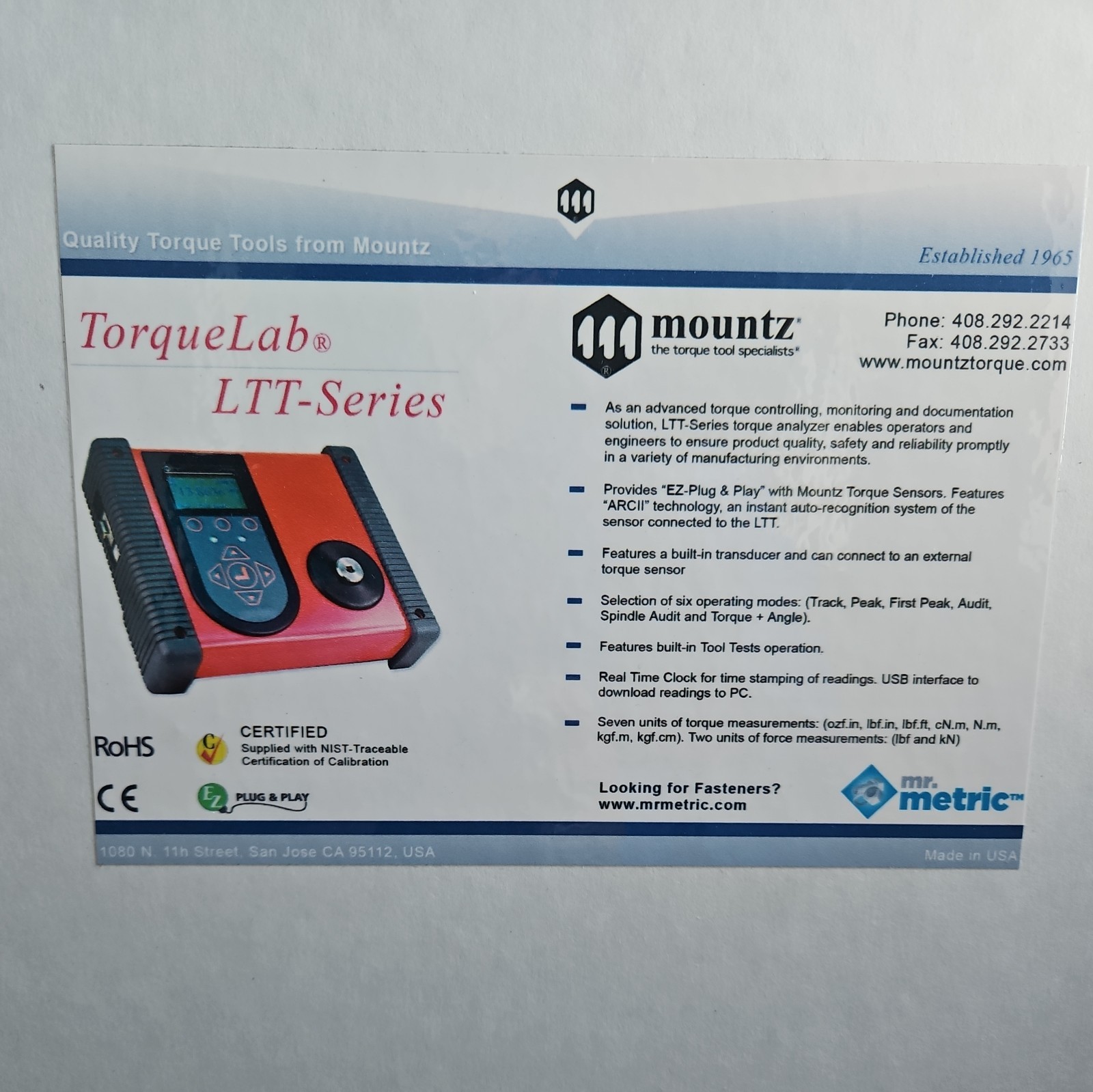 New Mountz LTT-2100, 50F Torque Lab Analyzer 5LBF.FT MIN 50LBF.FT MAX 068405 FSH