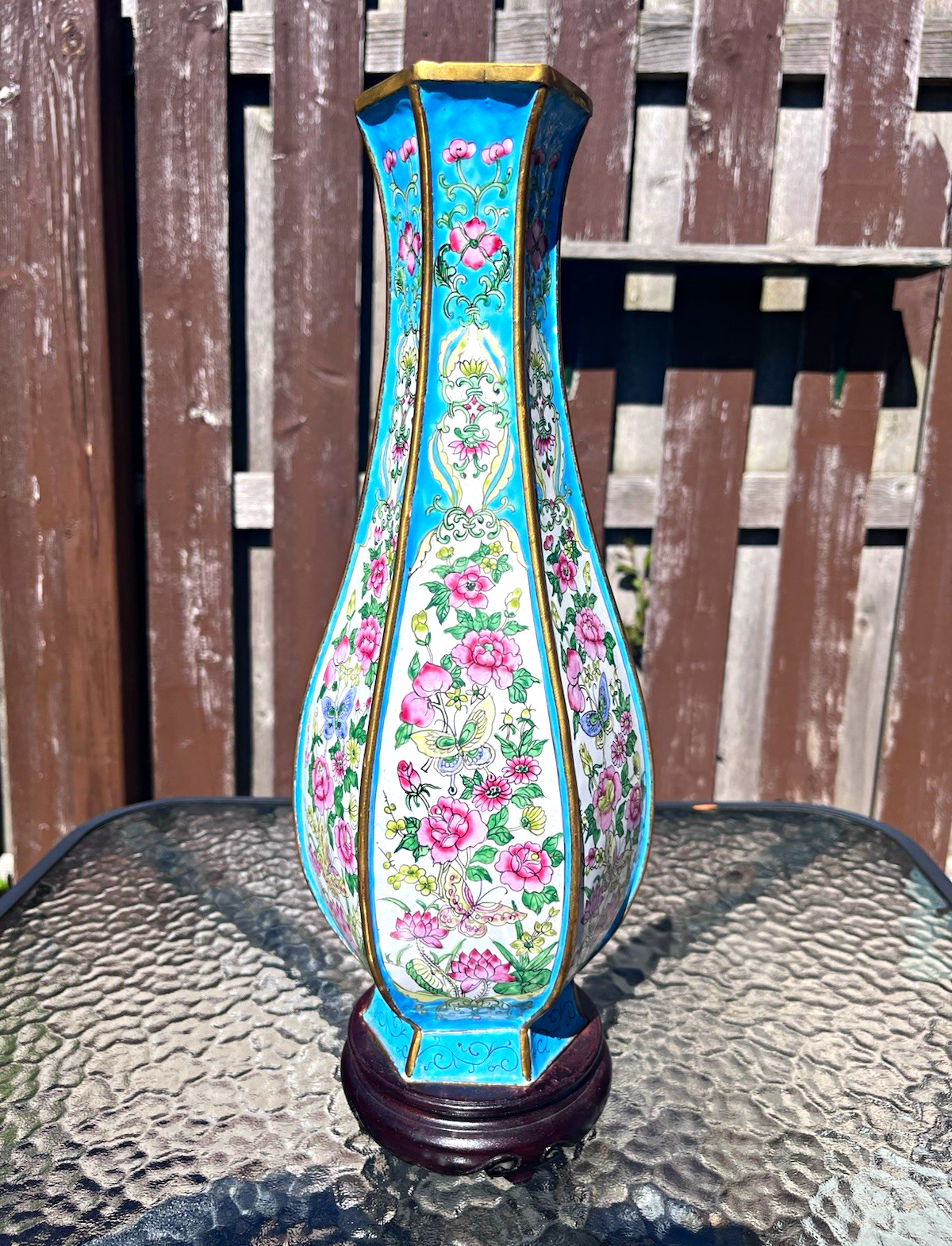 Vintage Chinese Hexagonal Cloisonné Enamel Floral Vase w/ Wood Stand