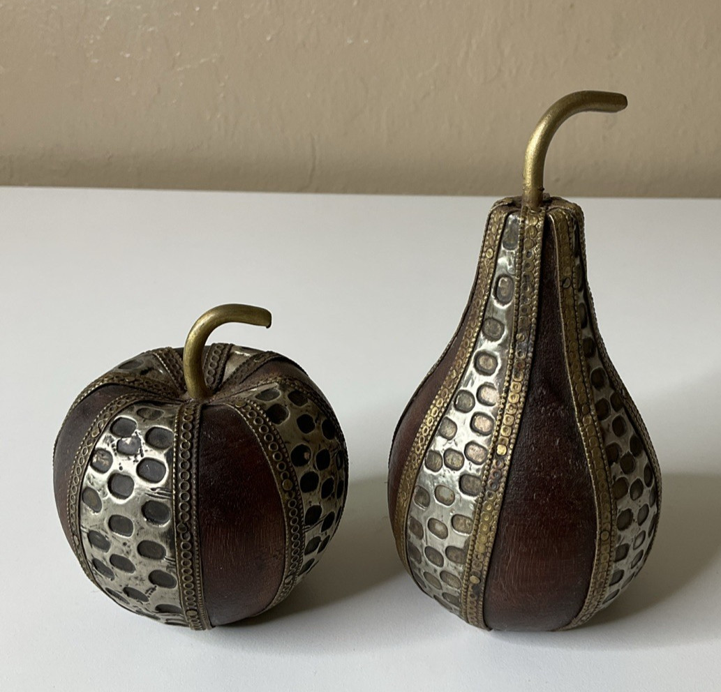 Vintage Charles Marcak Turned Wooden  Apple & Pear Ornate Metal  5.25\