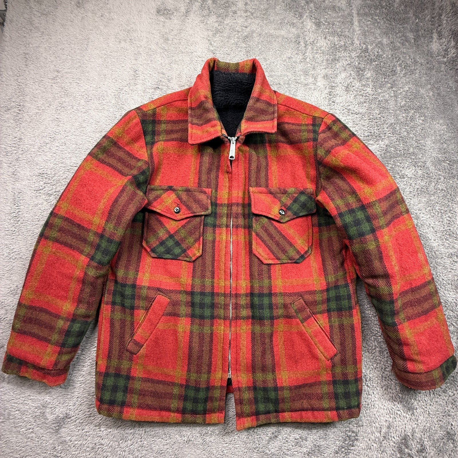 Vintage 70s Plaid Wool Jacket Mens L Red Green Talon Zip Fleece Lined USA Made