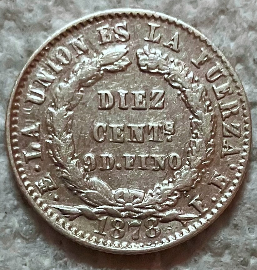 1878 PTS FE BOLIVIA - 10 CENTAVOS -  .900 SILVER - VERY HIGH GRADE - KM# 158.2