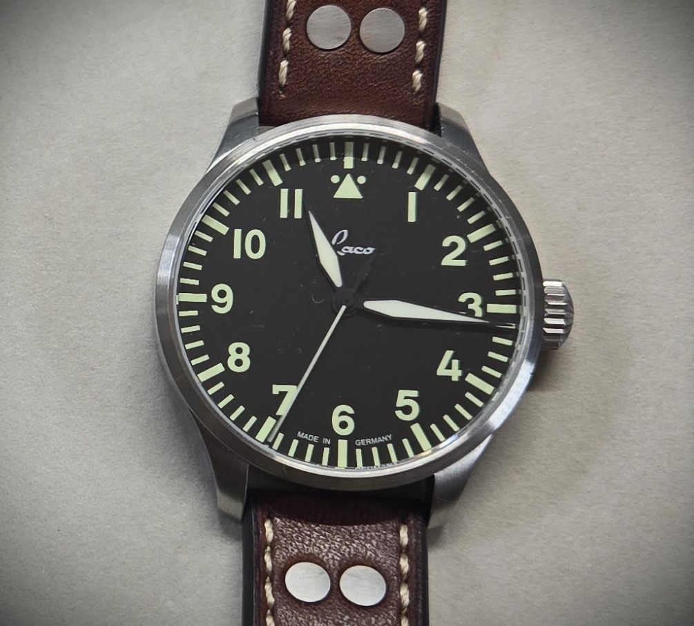 Laco Augsburg Grau 42mm Automatic Pilot Watch  BLACK Dial German Leather