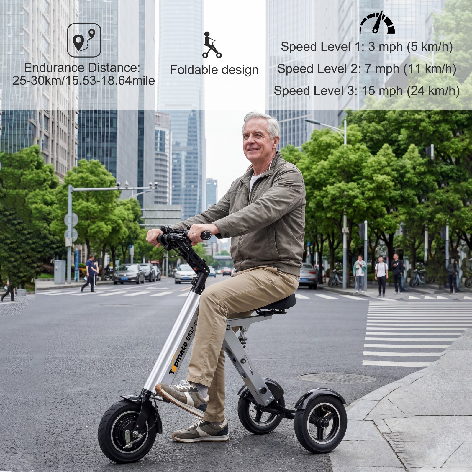 ES32 Electric Tricycle Adult, Topmate 24KM/H Foldable 3 Wheel Mobility Scooter