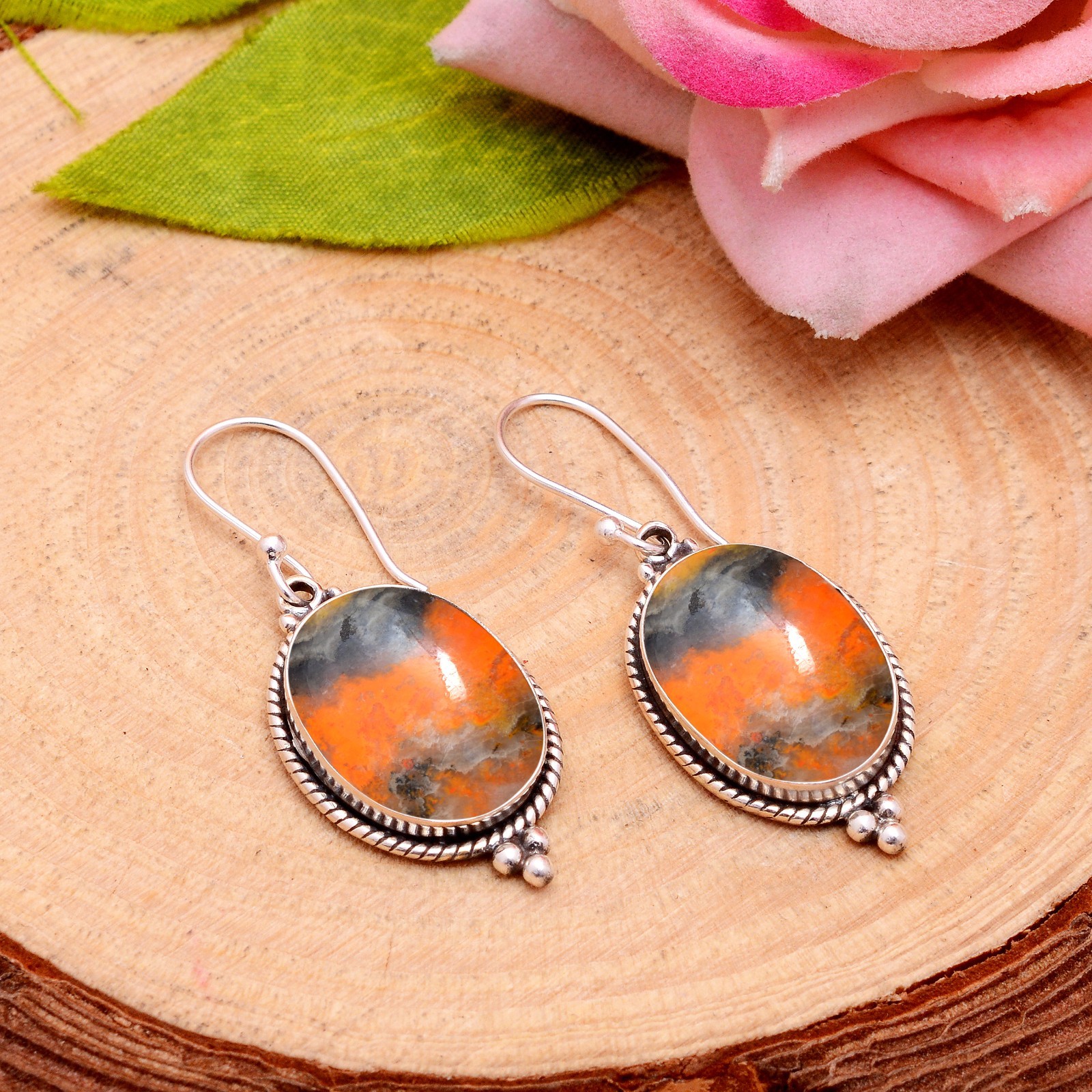 Bumblebee Jasper Sterling Silver Statement Earrings Handmade Unique Gift for Her
