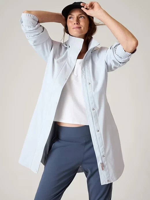 Athleta 1X RAINOUT Sutro Long Trench Jacket Snowfall Blue WindFree RT $199