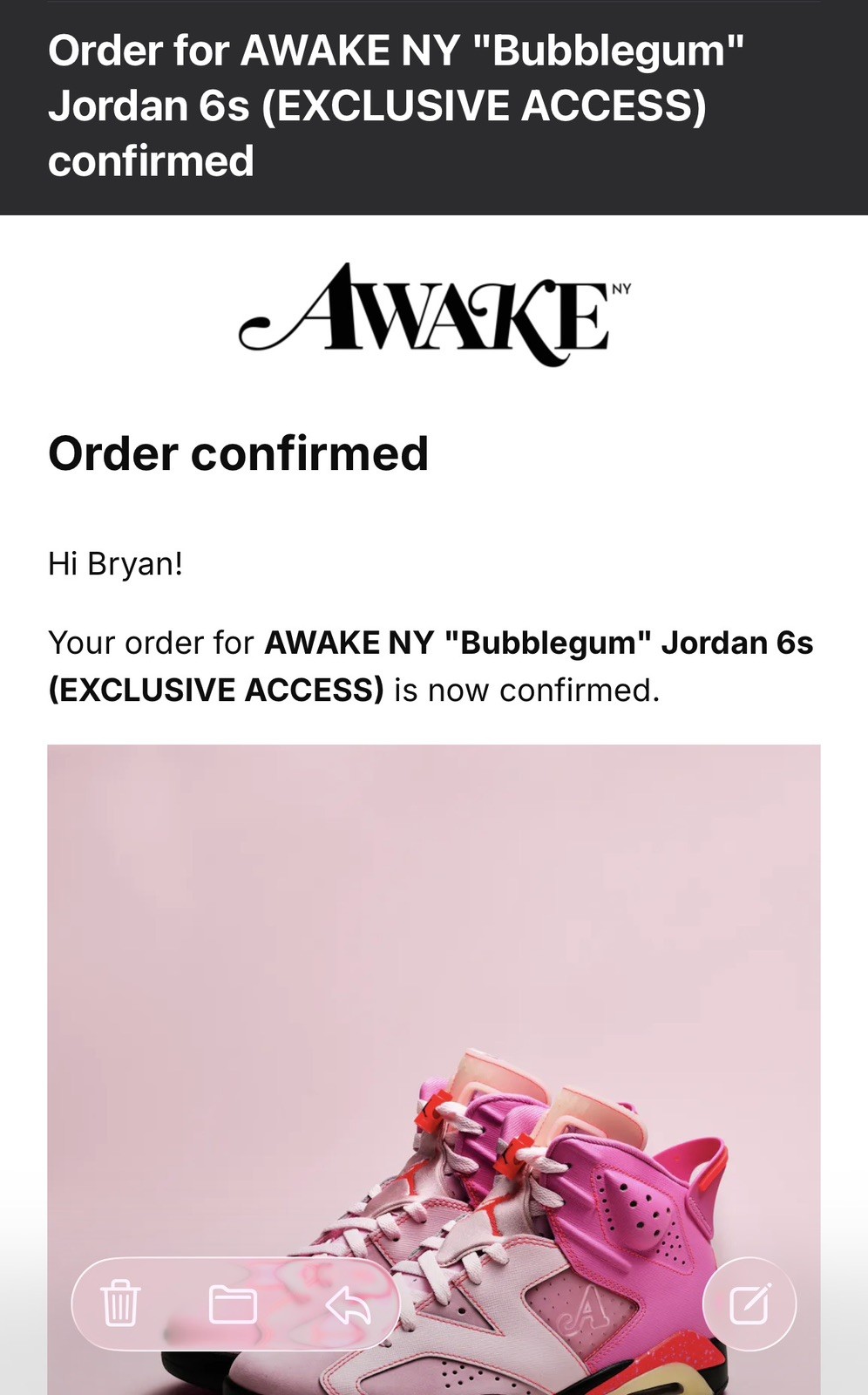 PRESALE - Nike Air Jordan 6 Retro AWAKE NY Playful Pink Bubblegum sz 13 M