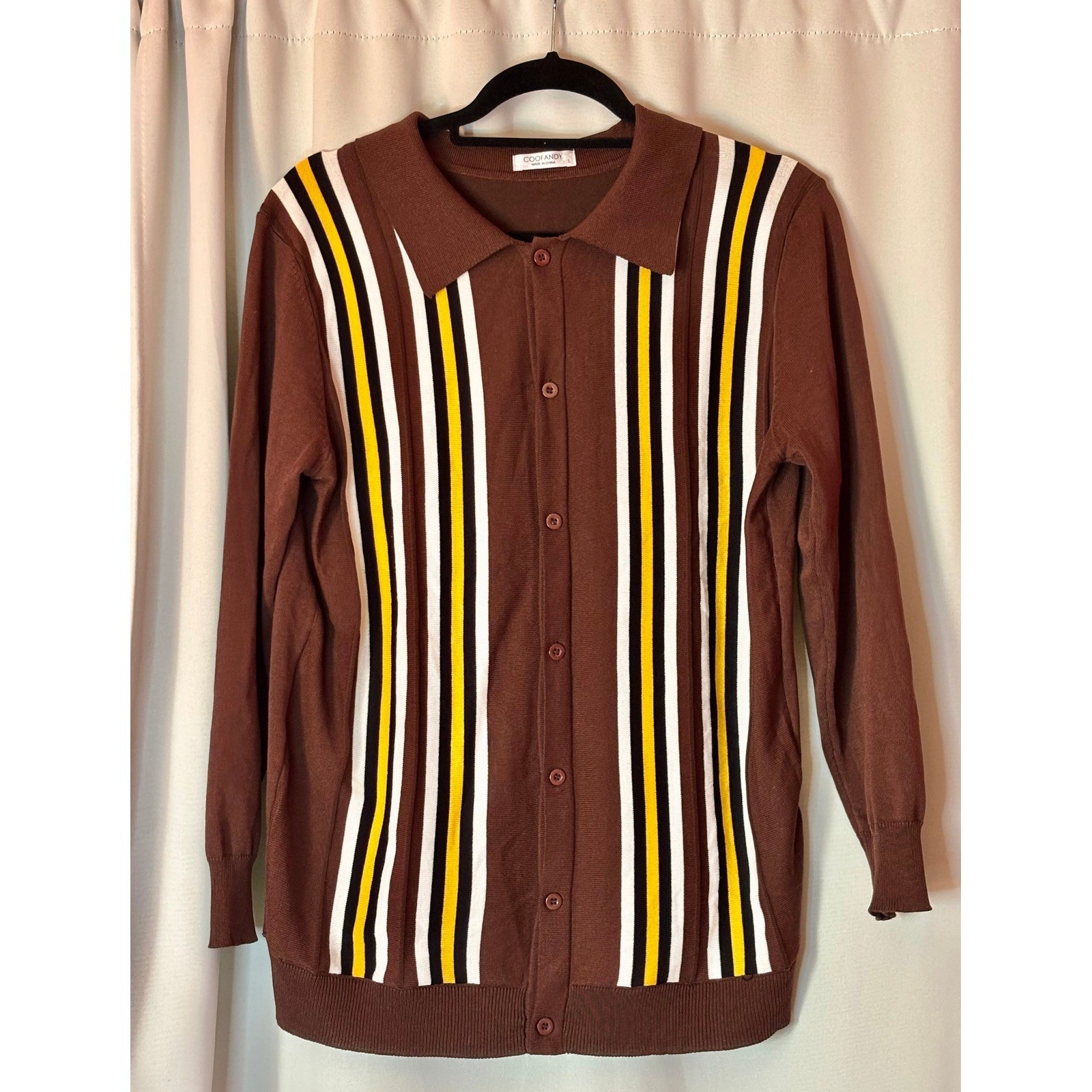 Coofandy Mens Vertical Stripe Button Down Knit Polo Large Retro Cabana Mod