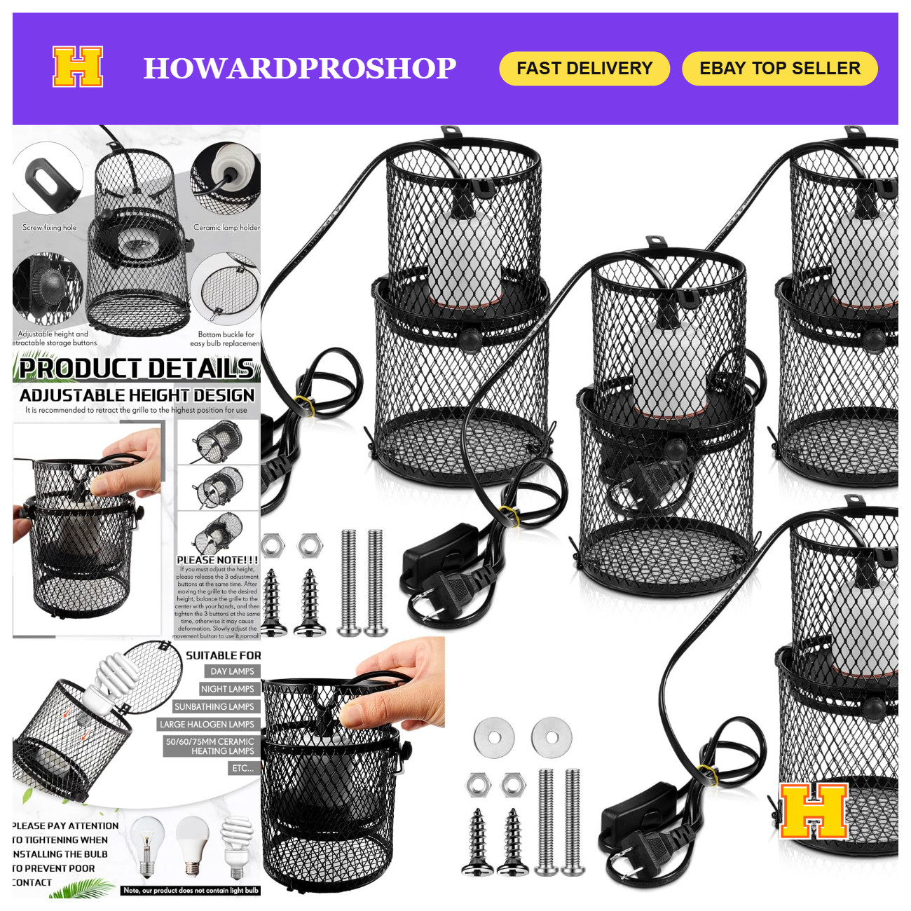 4PCS Retractable Reptile Heat Lamp Cage, Anti-Scald Mesh Stand, White, Pet Suppl