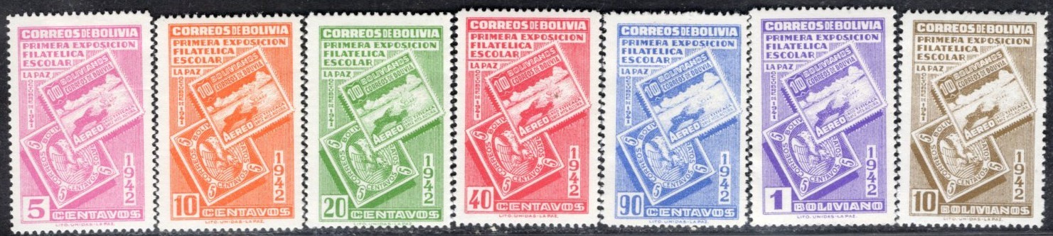 BOLIVIA 1942 STAMP Sc. # 274/80 MH STAMP ON STAMP EXPO PHILATELIC