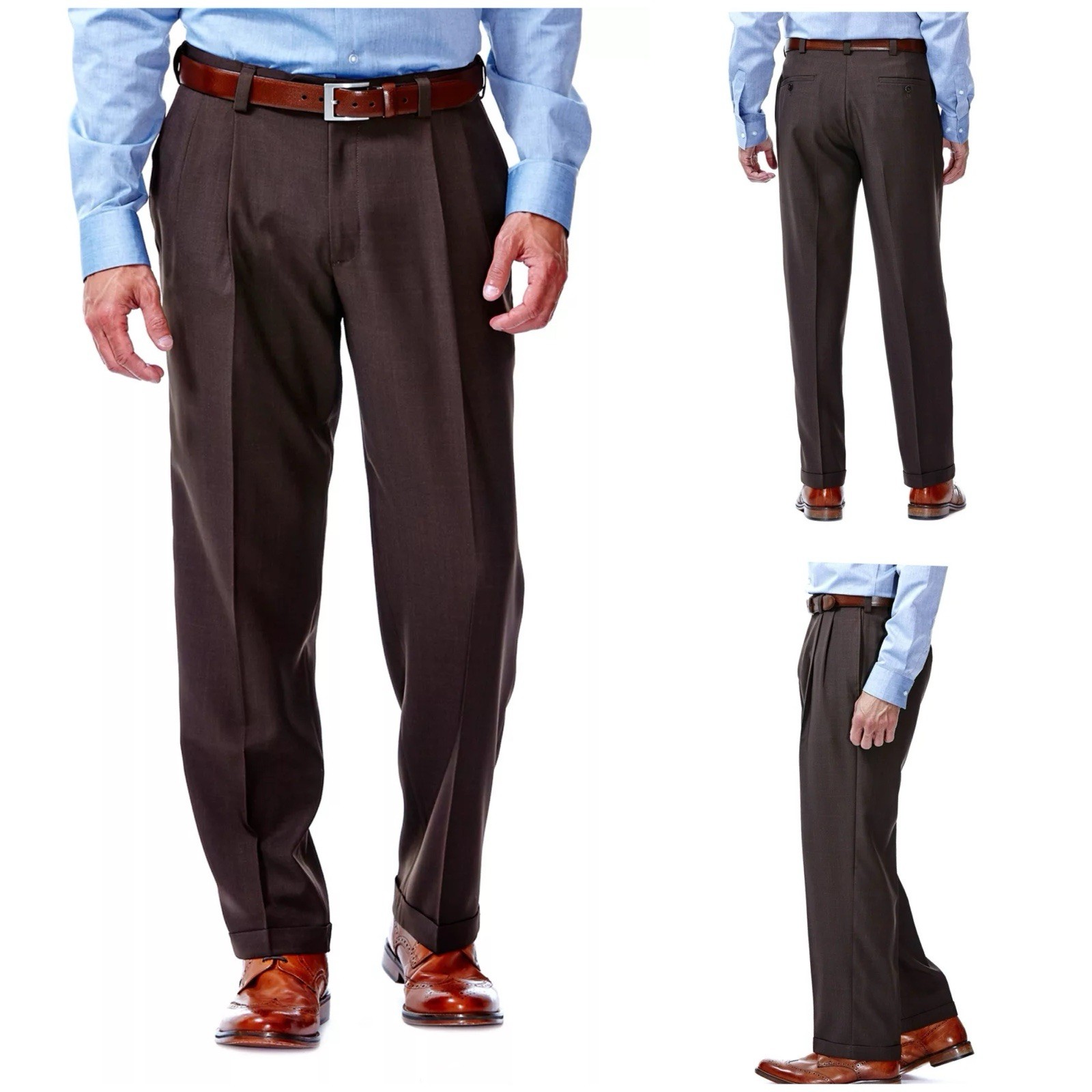 Haggar ECLO Stria Brown Pleated Front Dress Pants Classic Fit Expandable 40x30 Haggar ECLO Stria Brown Pleated Front Dress Pants Classic Fit Expandable 40x30
