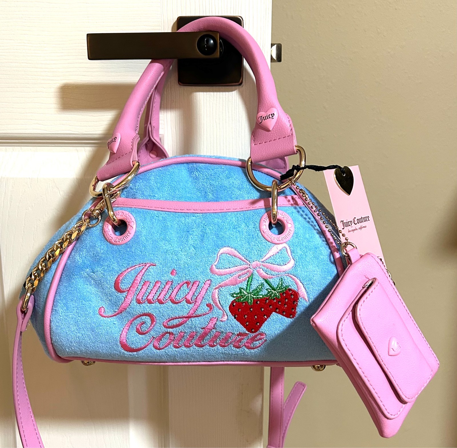 JUICY COUTURE Blue RETRO STRAWBERRY Terry SATCHEL Bowler BAG & PINK Wallet NWT