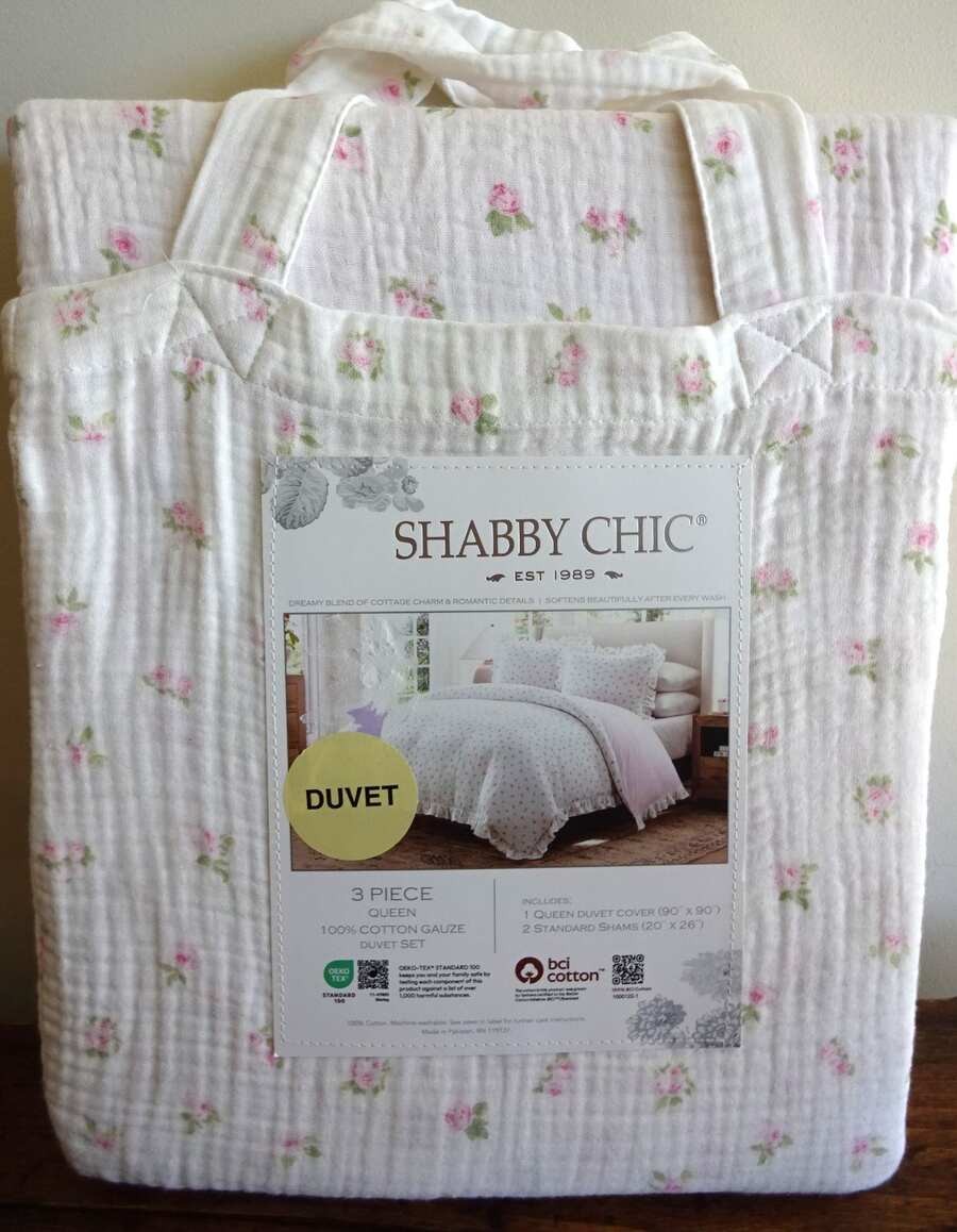 SHABBY CHIC Rachel Ashwell PINK ROSE COTTAGE COTTON Gauze QUEEN DUVET Sham SET